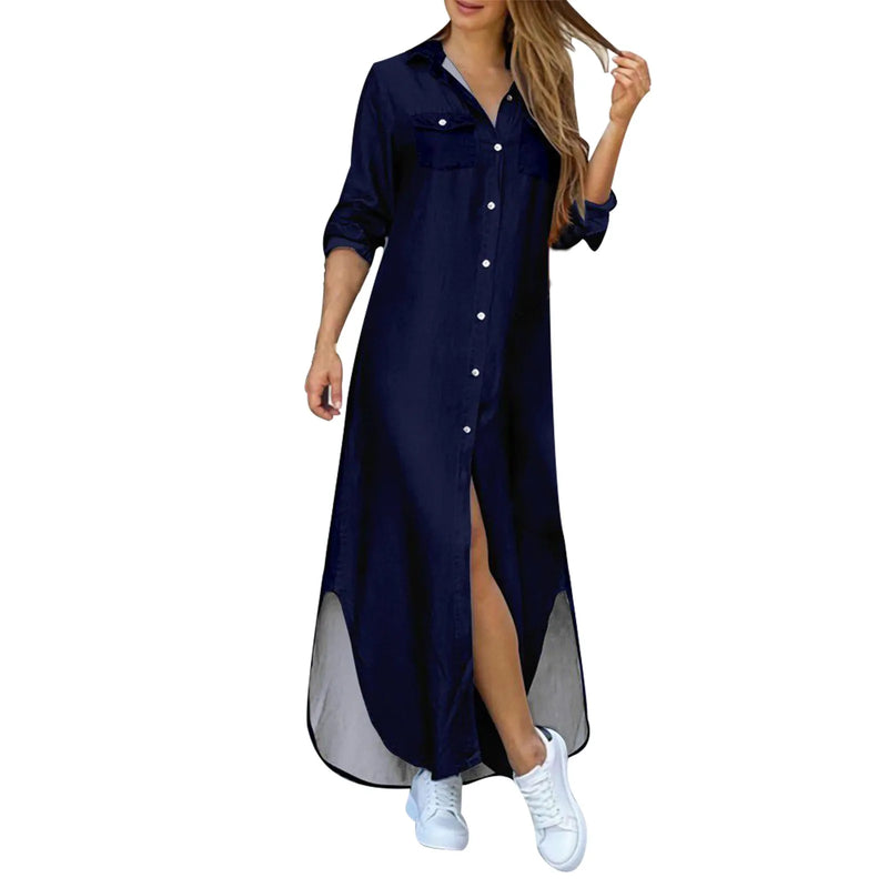 Vestido camisero elegante de moda de verano para mujer 2023, estampado de manga larga con botones, ropa informal para oficina y vacaciones, vestido largo para mujer