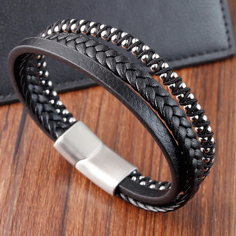 Pulseras de cuero negro trenzado para hombre, estilo punk, de acero inoxidable, para amigos, joyería de moda, regalos