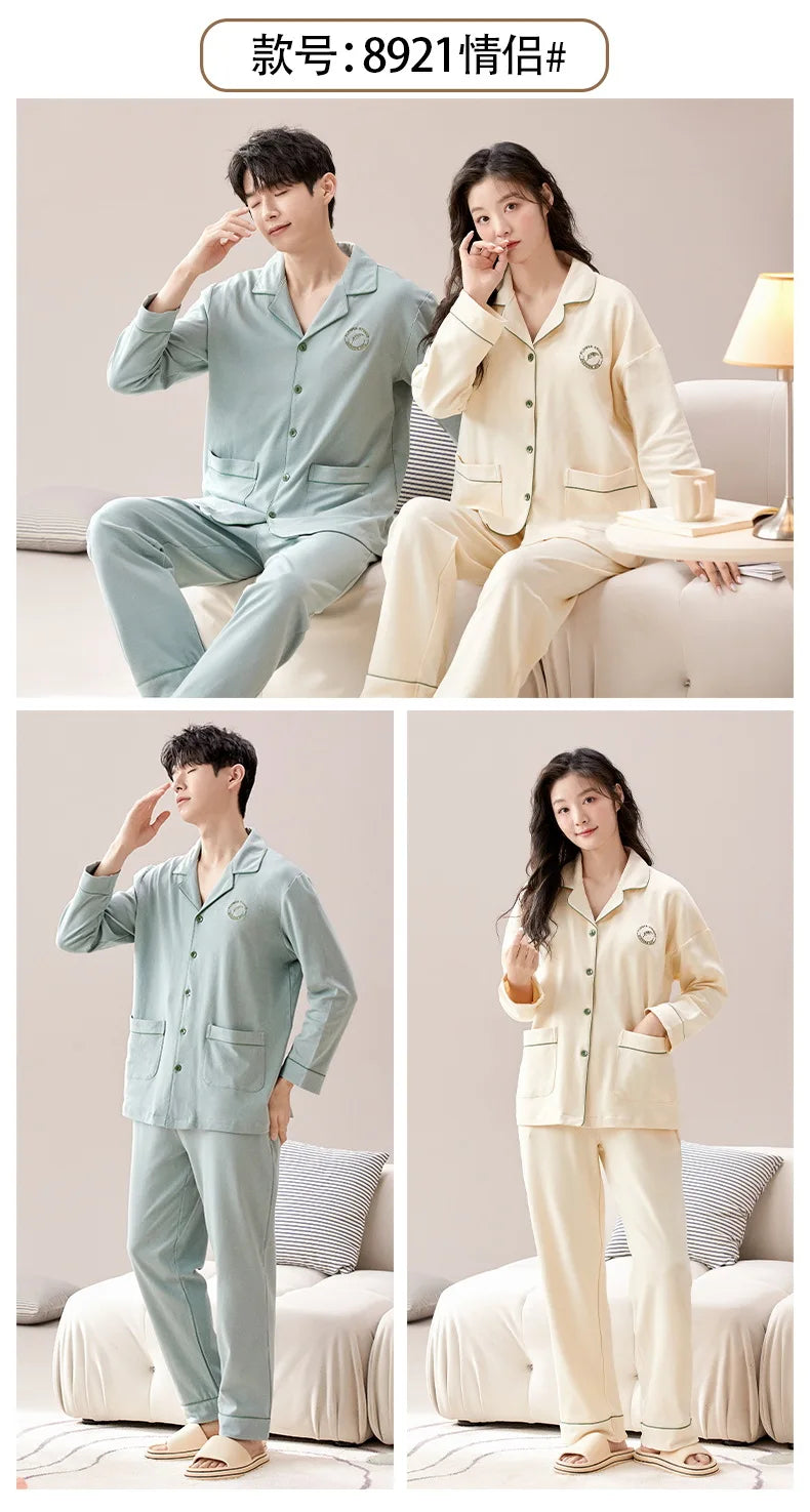 2024 New Cotton Homewear for Couples Autumn Women and Men Matching Cardigan Pajamas Set Young Girl Boy Pjs Pijamas Mujer Hombre