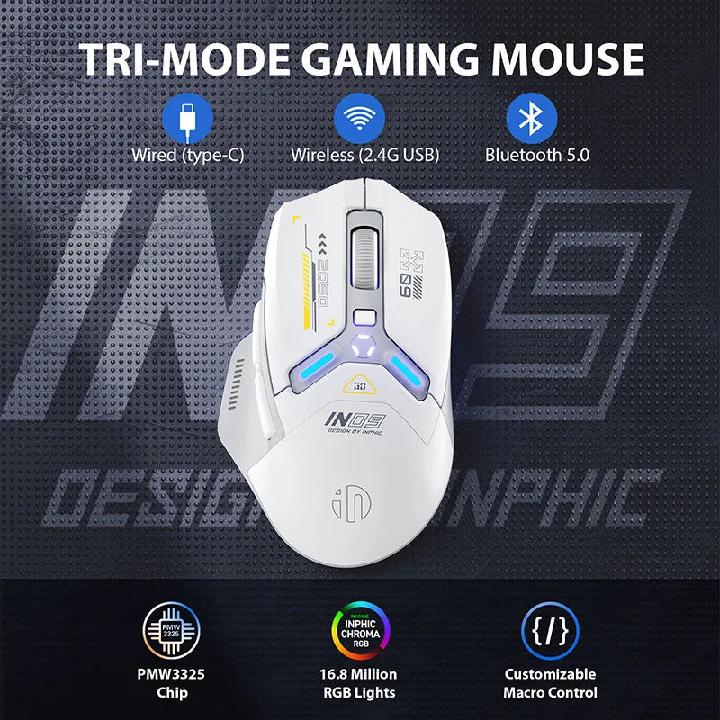 Ratón inalámbrico para juegos INPHIC IN9 con Bluetooth, tres modos, ergonómico, macro, RGB, para PUBG/LOL/CSGO, para escritorio, portátil, universal, 10 000 DPI