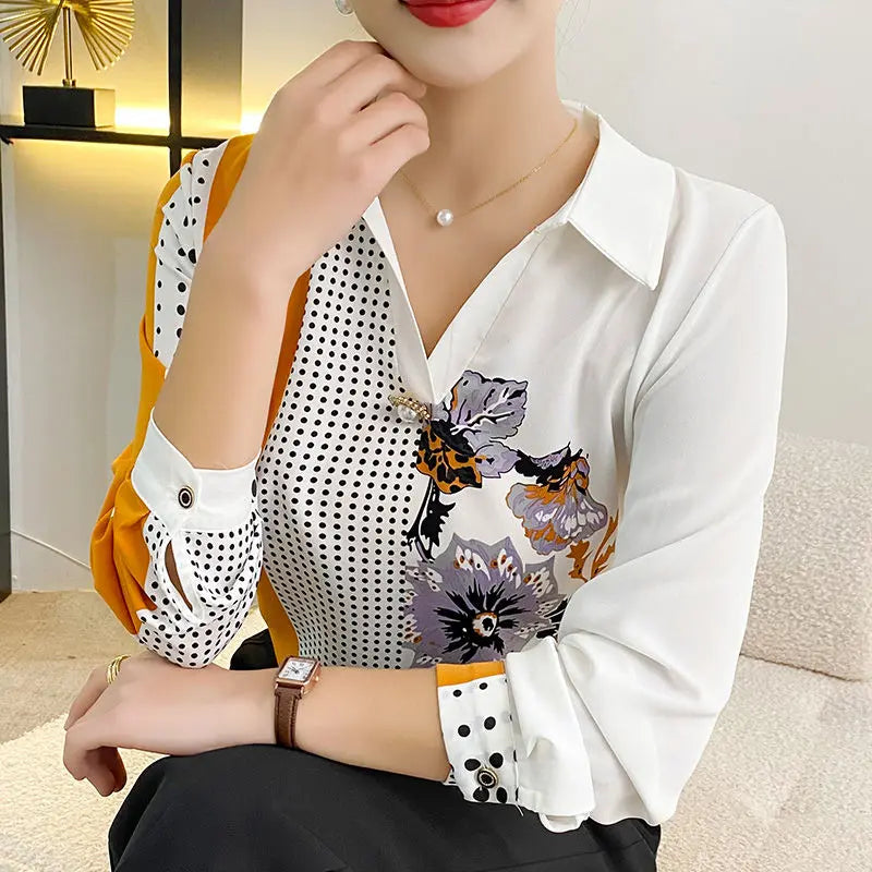 Women's Clothing Fashion Vintage Printed Spliced Long Sleeve Shirt Autumn Korean Casual Polo-Neck Beading Blouse for Female