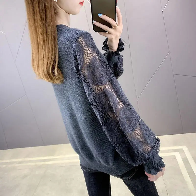 2023 New Spring and Autumn Round Neck Pullover Hollow Out Sweater Women's Knitted Loose Lace Fashion Casual Top Chain Trend