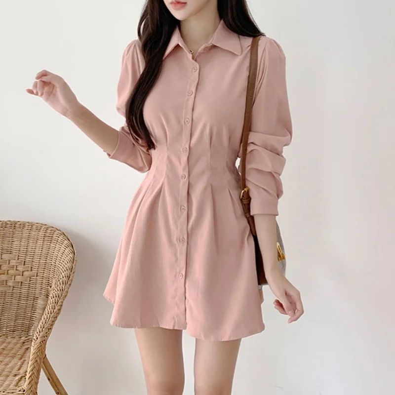 Korean Chic Fashon Slim Mini Long Sleeve Dress Women's 2024 Spring Autumn New Elegant Casual Polo Shirt Dresses Solid Clothing