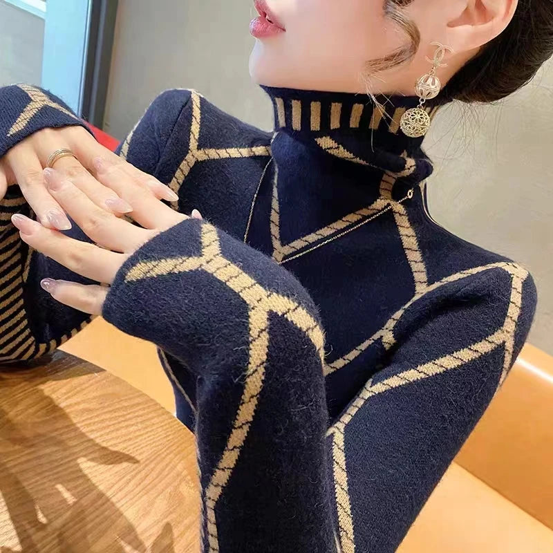 Early Spring Women's Slim Knitted Sweaters Turtleneck Fashion Vintage Simple Pullovers Female Top Daily Commuting Knitwear