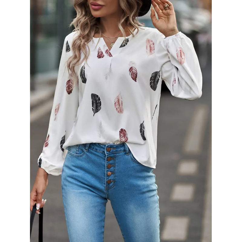 Fashion Woman Blouse Shirts For Women Stylish Top long Sleeve Feather Pattern Female Tops Elegant Chiffon Mujer Woman Clothes