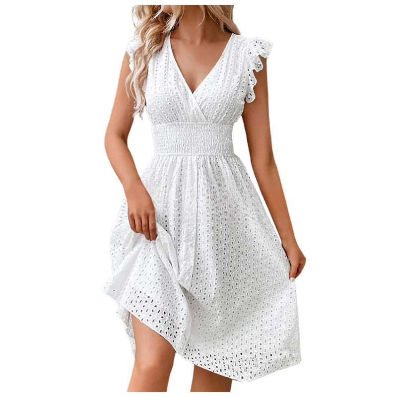 Vestido de mujer de encaje jacquard ahuecado ajustado cuello en V cintura elástica midi vestido blanco nuevo vestidos de longitud media para uso diario coreano