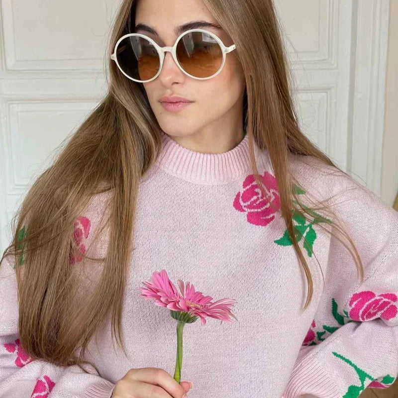 Women Elegant Flower Printed Knitted Jumper Top Chic Round Neck Long Sleeves Loose Pullovers Autumn Lady Fashion Streetwear 2024