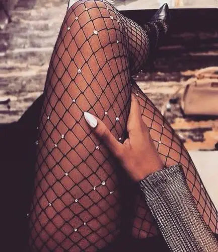 Women Sexy Long Stockings Tights Rhinestone Mesh Fishnet Pantyhose Plus Size Bling Female Tights Hosiery Meias Collant Femme