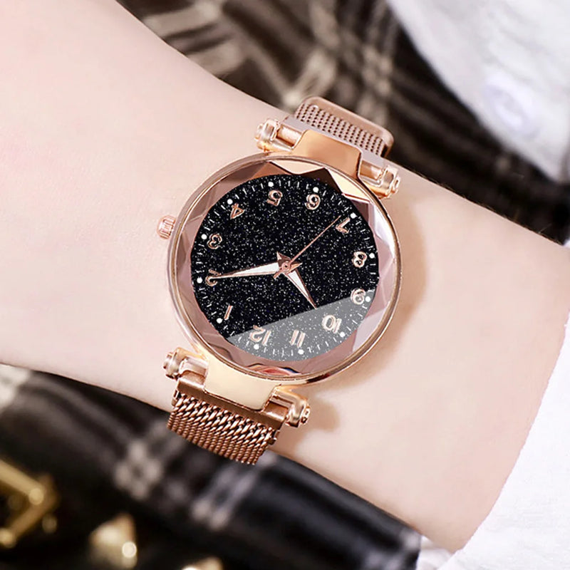 Conjunto de 5 relojes de pulsera de cuarzo con esfera redonda y diseño de cielo estrellado para mujer, relojes con cinturón de malla informales a la moda para mujer, reloj sencillo para vestir, regalo para niña