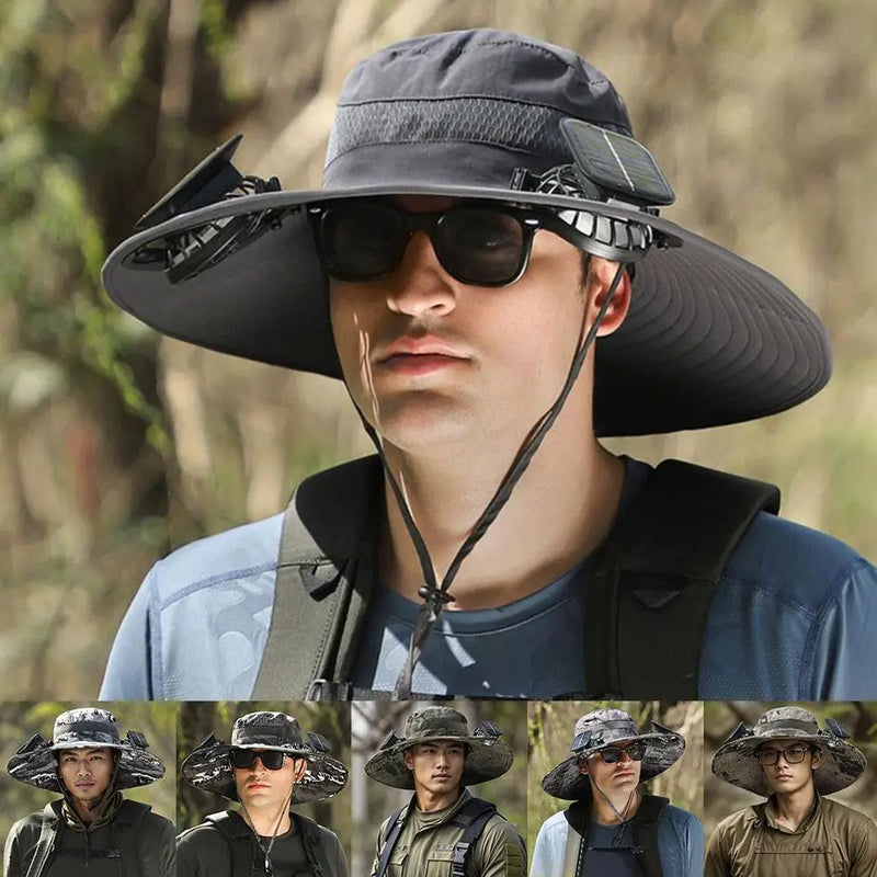 Para acampar al aire libre, pescar, hacer senderismo, protector solar, sombrero de pescador, gorra con ventilador solar, gorra de carga solar portátil con ventilador adecuada