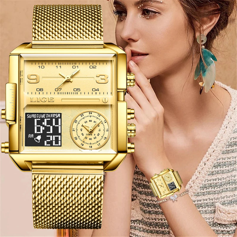 LIGE 2023 Nuevo reloj dorado para mujer, marca superior, relojes cuadrados creativos de lujo, reloj de pantalla dual de moda para mujer, reloj femenino + caja