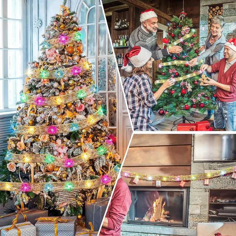 Cinta de luces LED para árbol de Navidad, funciona con pilas, guirnalda de luces, lazos de cinta, decoración de pared para fiestas, bodas y Navidad