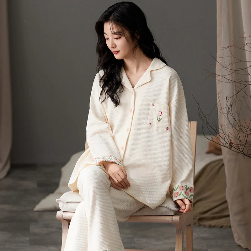 Flower Sweet Pajamas Set Women Cute Kawaii Long Sleeves Long Pants Autumn Winter Girls Sleepwear Cozy Pyjamas Soft Pijamas Pjs