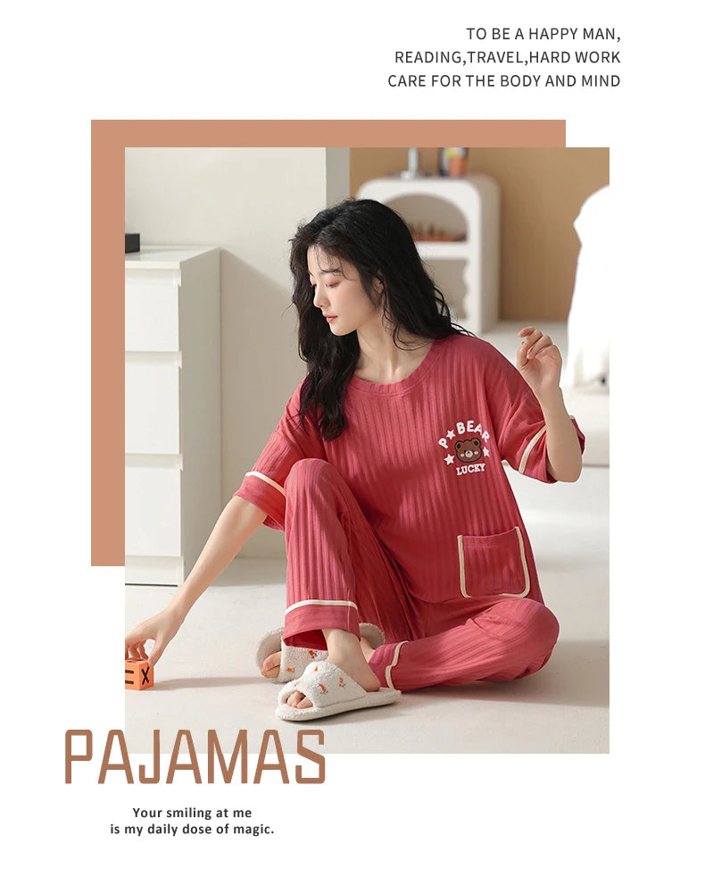 Conjuntos de pijamas de talla grande 5XL, pijamas de punto de oso de dibujos animados de manga corta, pijamas a cuadros, pijamas elegantes para mujer, pijamas para estar en casa, pijamas para mujer