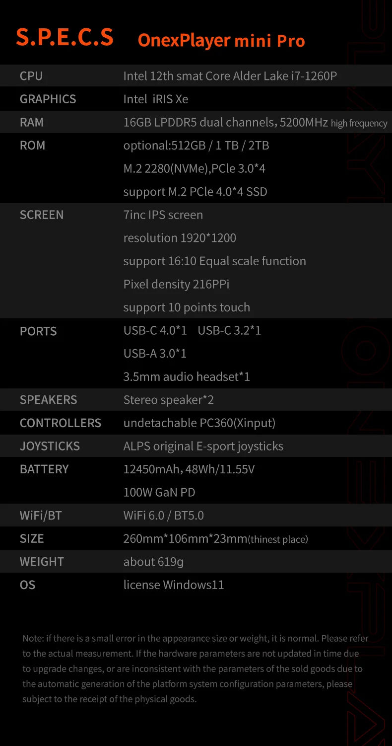 OneXPlayer Mini Intel 12th Core i7-1260P PC Game Console 7 Inch IPS Tablet 3-IN-1 Handheld Laptop Win11 16G+1TB/2TB 1920*1200P