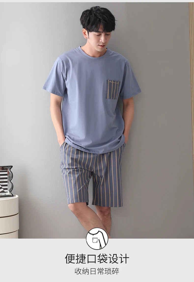 Men Pajamas Set Summer Short Sleeve Striped Casual Tracksuit Sleepshirt + Shorts 2pc Pyjamas Male 4XL 5XL 6XL 7XL Pijamas Hombre