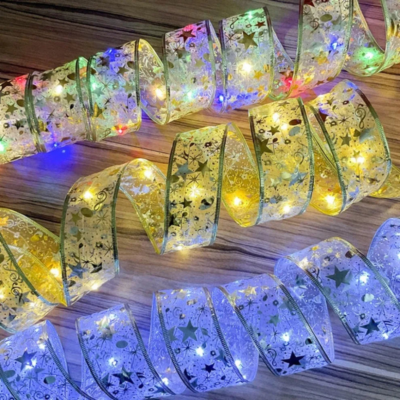 Christmas Decoration LED Ribbon Lights Christmas Tree Ornaments DIY Lace Bows String Lights Navidad Home Decors New Year 2023