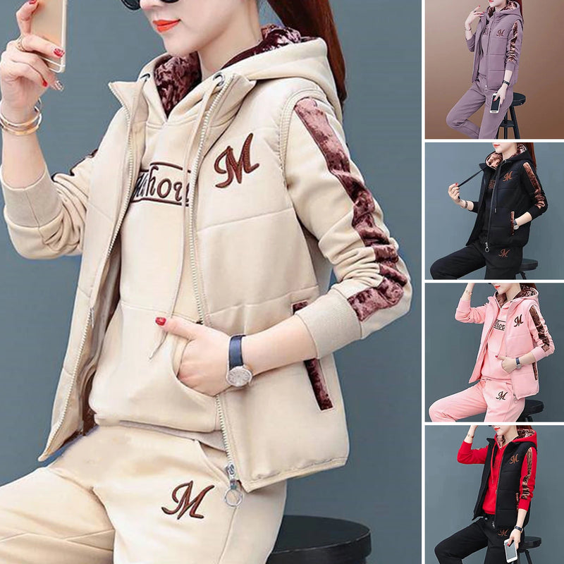 Fashion Warm Three Piece Set Women Outfit 2023 Fall Winter Thicken Tracksuit Casual Waistcoat Hoodies Pant Female Sweat Suit