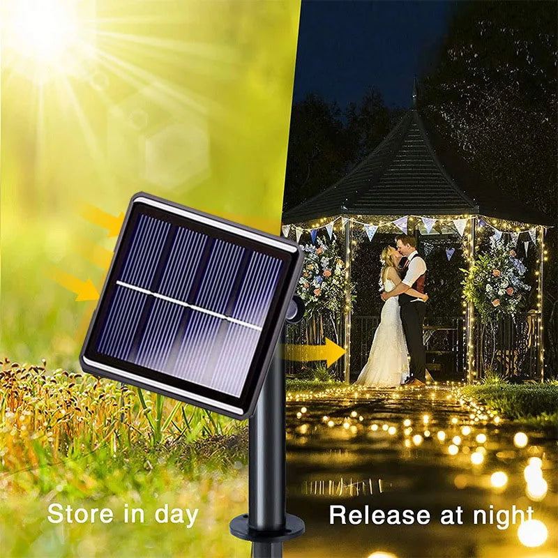 Solar LED Light String Christmas Camping Atmosphere Decoration Light Waterproof Copper Wire Light Socket Ground Installation