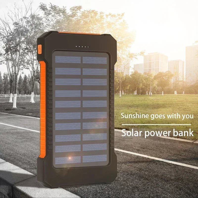 Banco de energía solar portátil de gran capacidad para exteriores, 20000 mAh, resistente al agua, carga súper rápida, linterna portátil para iOS y Android