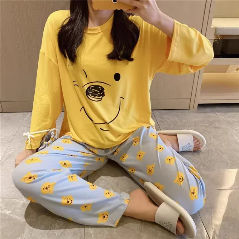 Disney Donald Duck new women's pajamas autumn cotton long-sleeved trousers two-piece set silk pajamas women's loungewear set