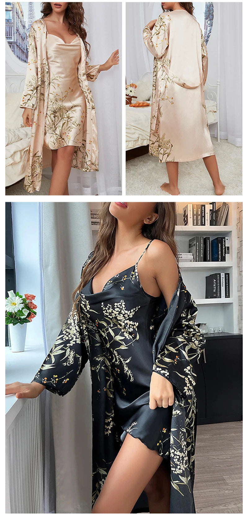 Simple Women's Four Seasons Home Clothing Sexy Imitation Silk Printing Pajamas Female Thin Nightgown Night-Robe 2PCS Suit