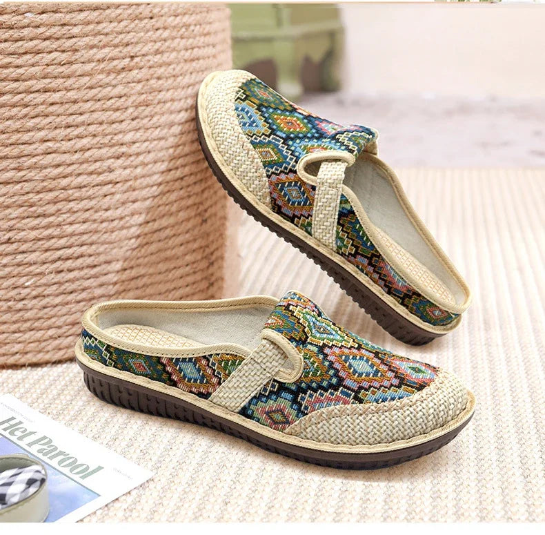 Fashion Women's Shoes Ethnic Style Embroidered Linen Breathable Outdoor Casual Slippers Shoes for Women Zapatos De Mujer 2024