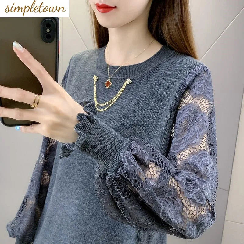 2023 New Spring and Autumn Round Neck Pullover Hollow Out Sweater Women's Knitted Loose Lace Fashion Casual Top Chain Trend