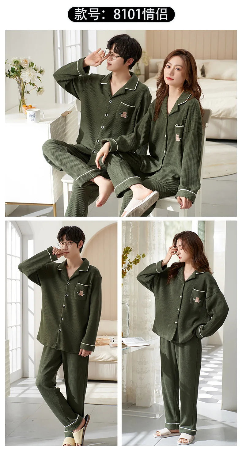 Cotton Sleepwear For Couples Korean Cardigan Men Pijamas Women Pajamas Set Long Sleep Tops Pant Nightwear Pjs pareja hombre