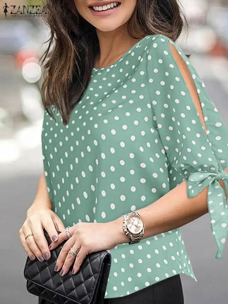 ZANZEA Woman Casual Polka Dots Printed Blouse Fashion Holiday Shirt Half Sleeve O-Neck Tunic Tops Elegant Party Chemise Oversize