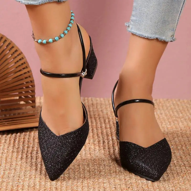 Zapatos de tacón alto con adornos dorados y plateados para mujer, zapatos de fiesta a la moda con tiras en la espalda, sin cordones, con punta en pico y tacón grueso