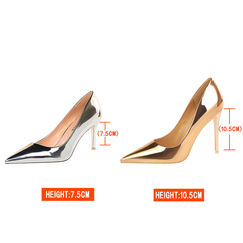 Women Metallic Leather Pumps 7.5cm 10.5cm High Heels Lady Stiletto Low Heels Wedding Bridal Silver Gold Sparkly Quality Shoes