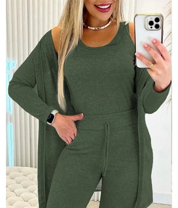 Elegant Fall Outfits Women 2023 Suit Fashion Versatile Casual Round Neck Tank Top & Drawstring Pants Set with Coat Three-piece