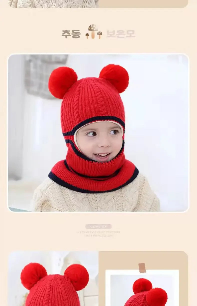 Gorro de invierno para bebé de 2 a 5 años, bufanda, gorro de punto con pompón de una pieza para niños, gorro cálido para el cuello para niñas y niños, gorros a prueba de viento, gorro para bebé