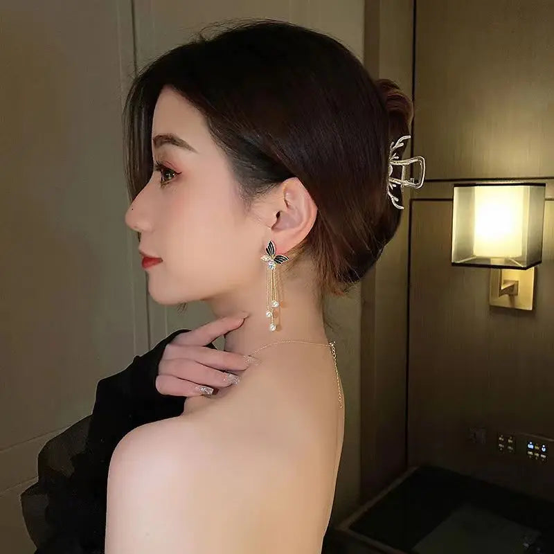 2023 New Double Layer Shiny Zircon Circle Long Gold Color Tassel Chain Earrings for Women Exquisite Elegant Wedding Jewelry