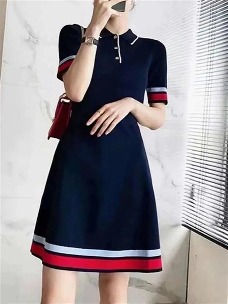 Polo Collar Knit Dress Women Summer Office Short Sleeve Slim Elegant Party Dress Casual Chic Korean Stripe Vestido Fashion Dress