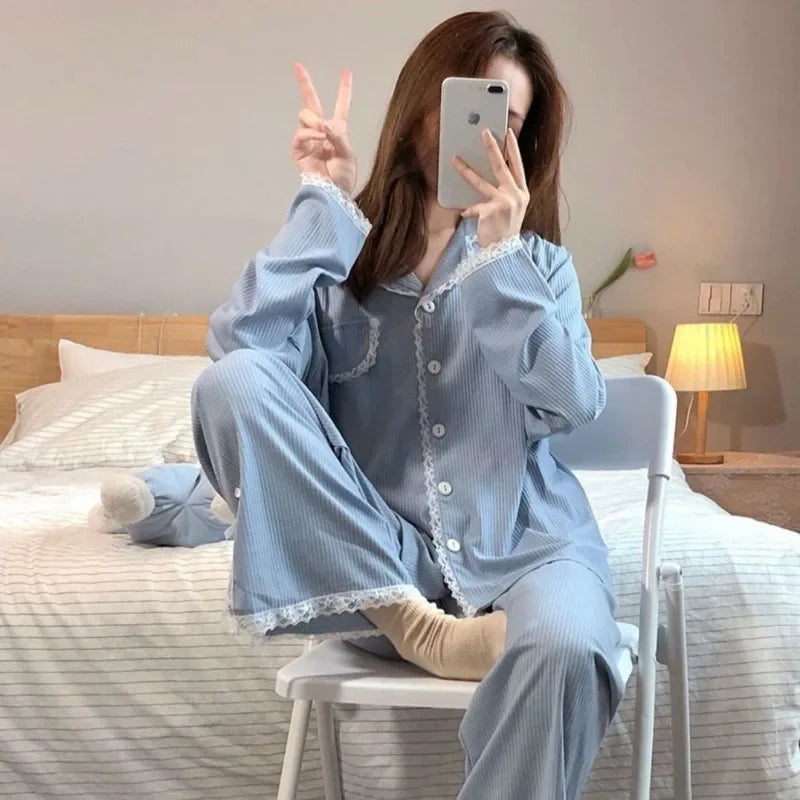 Conjuntos de pijamas de encaje para mujer, ropa kawaii, cárdigan de manga larga, pantalones largos, botones, ropa de dormir, conjuntos de ropa para el hogar, pijamas