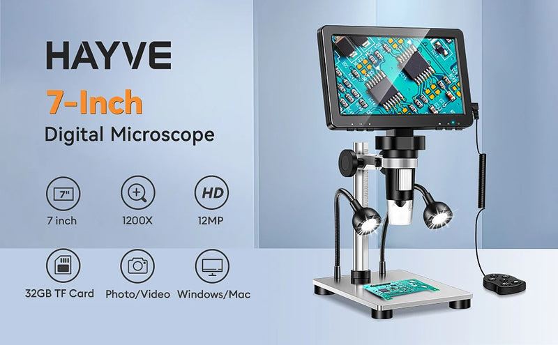 Microscopio digital Hayve de 7 pulgadas con zoom de 1200X, microscopio electrónico de 12 MP de alta definición, cámara de aumento para soldar, reparar teléfonos