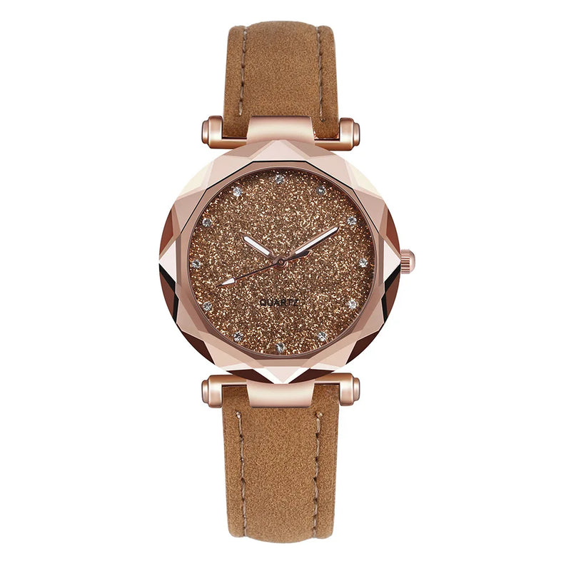 Reloj de pulsera de cuarzo negro vintage con correa esmerilada y esfera redonda con diamantes de imitación, color plata, rosa y cielo estrellado para mujer