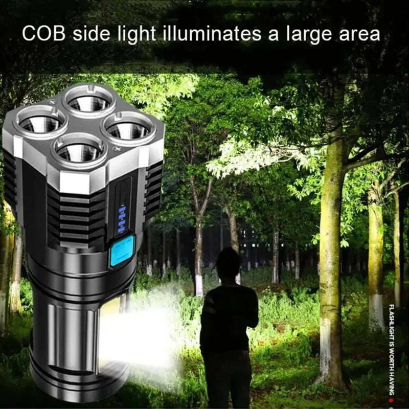 Linterna LED potente para acampar con 4 lámparas y luces laterales COB, linterna de mano portátil recargable por USB para exteriores