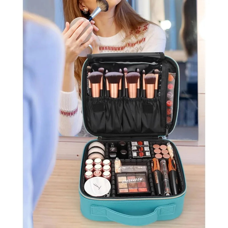 Estuche de viaje para maquillaje, organizador de cosméticos y maquillaje, bolsa de almacenamiento portátil para artistas con divisores ajustables