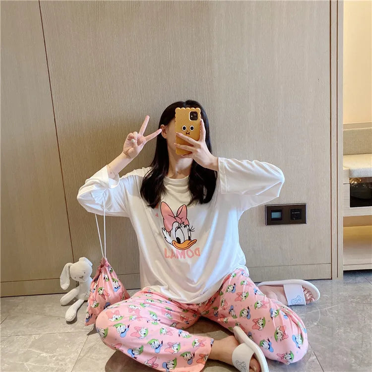 Disney Donald Duck new women's pajamas autumn cotton long-sleeved trousers two-piece set silk pajamas women's loungewear set