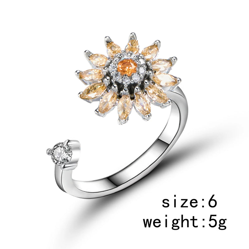 Anillo giratorio de flor de circonita cúbica brillante para mujer, anillo ajustable antiestrés y ansiedad con diseño de molino de girasol, joyería para fiestas