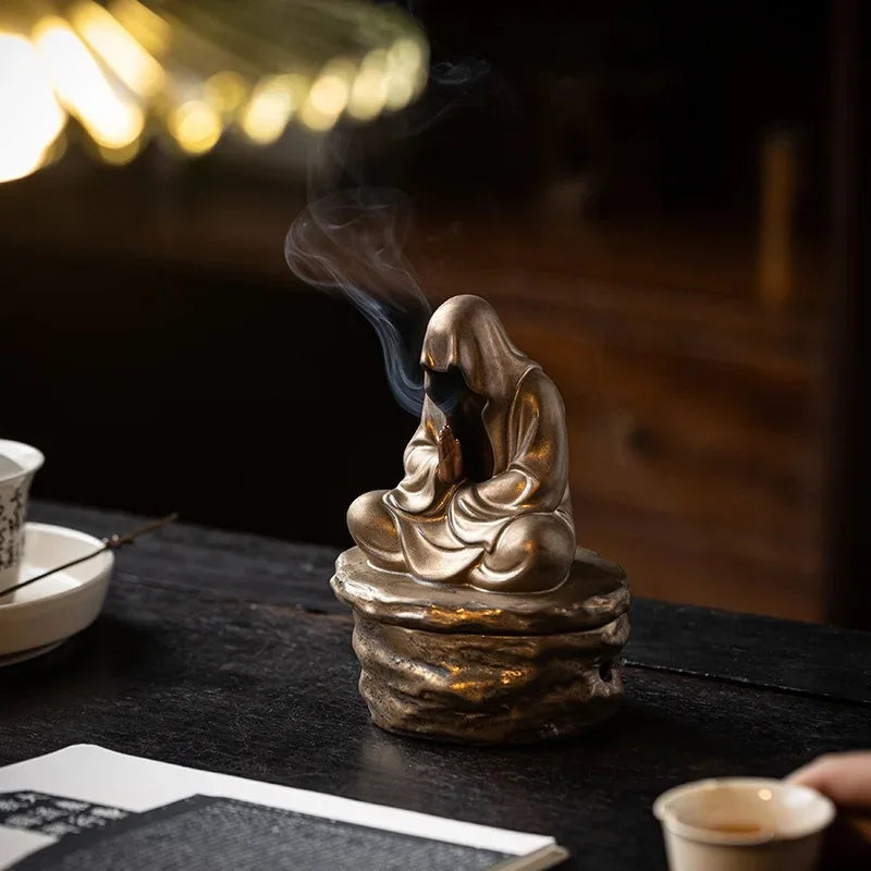 Ceramic Formless Buddha Meditation Incense Burner Backflow Monk Incense Holder Tearoom Office Yoga Zen Sculpture Decoration