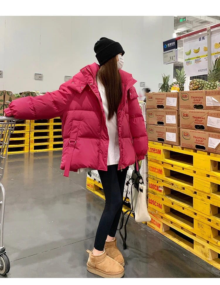 Solid Color Down Jacket Women Hooded Coat Stand Collar Fashion American Streetwear Duck Down Feather Female Winter Short Outwear