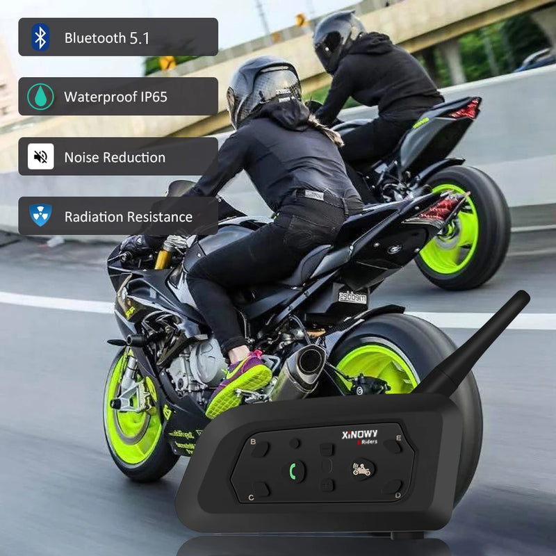 XINOWY V6 PRO Motorcycle Bluetooth Helmet Intercom Headset 1200M Interphone Communicator for 6 Riders Waterproof Music Player