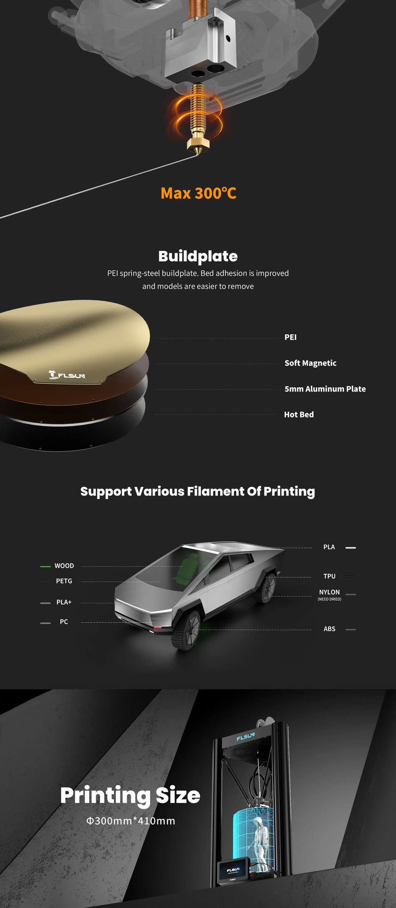 FLSUN V400 3D Printer Speed Up To 600mm/s Large Printing Size 300mm*300mm*410mm Auto Leveling Direct Drive Extruder 300℃ heating