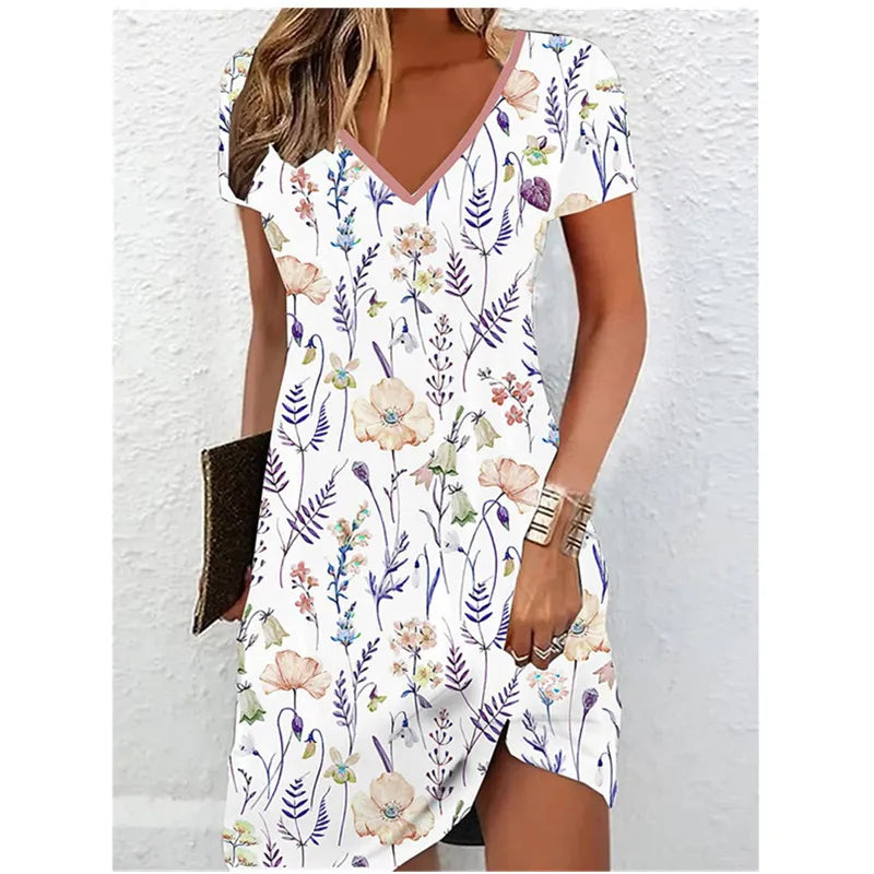 Vestido de verano de manga corta con escote en V, informal, para mujer, minivestido con estampado floral retro, talla grande 6XL, elegante, hasta la rodilla