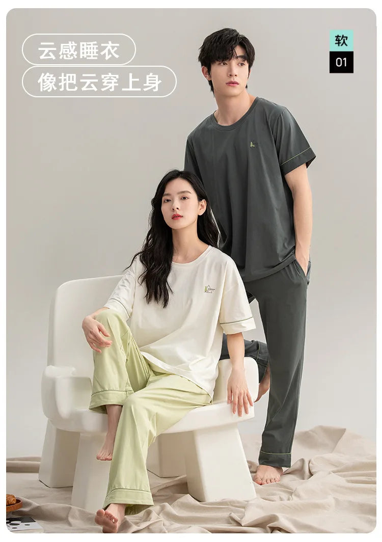 Couple Pajamas Summer Cotton Short Sleeve Trousers Sleepwear men's women's 2024 new simple loungewear pijama feminino Hombre