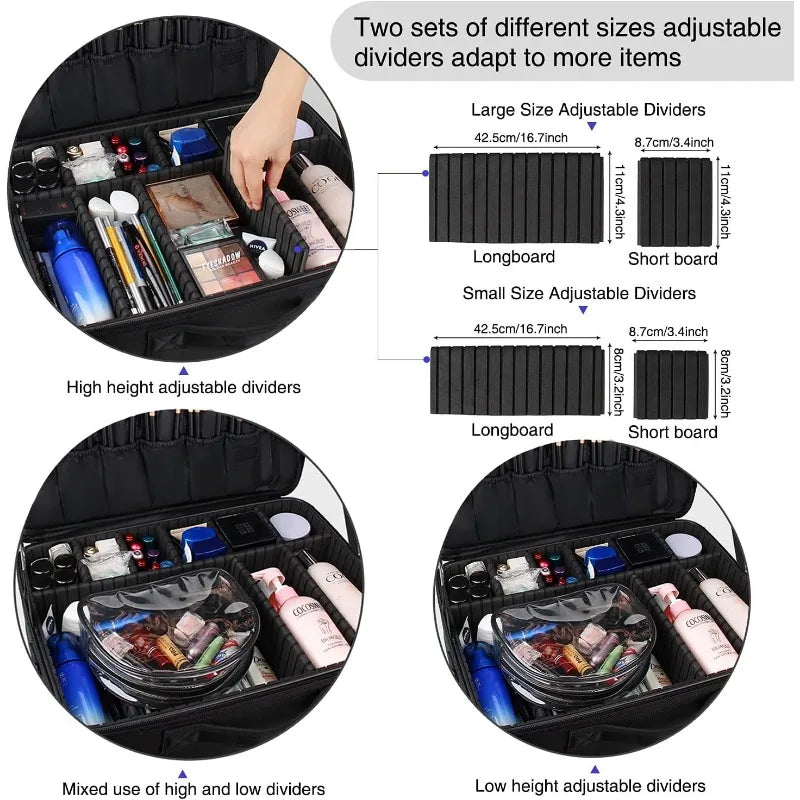 Estuche de viaje para maquillaje, organizador de cosméticos y maquillaje, bolsa de almacenamiento portátil para artistas con divisores ajustables